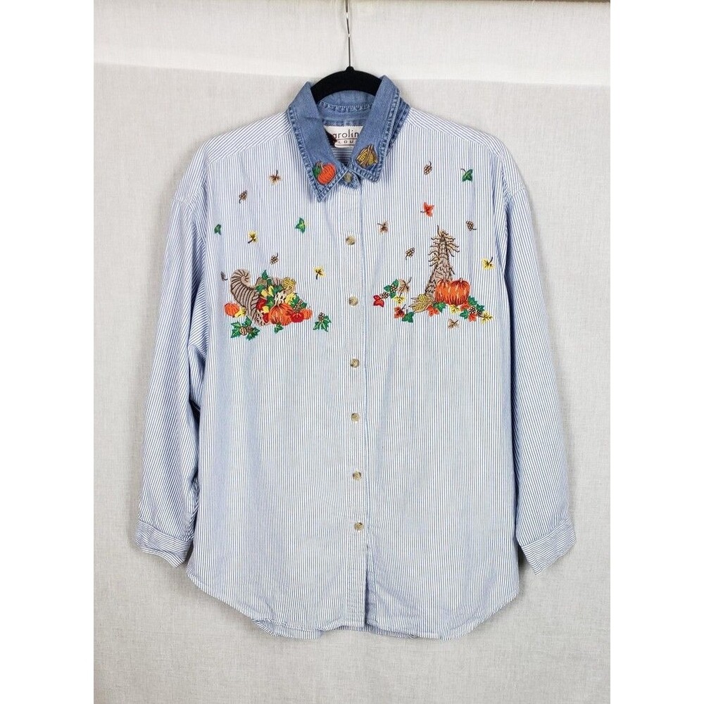 Carolina Colours Shirt L Blue Stripe Denim Collar Embroidered Fall Thanksgiving